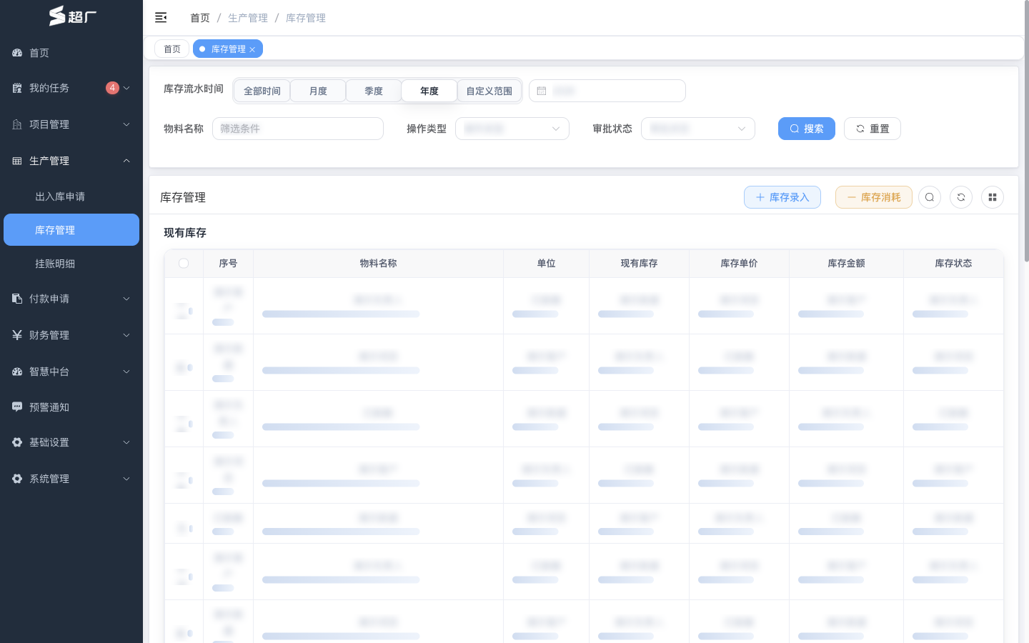 超厂 ERP 库存管理台账截图